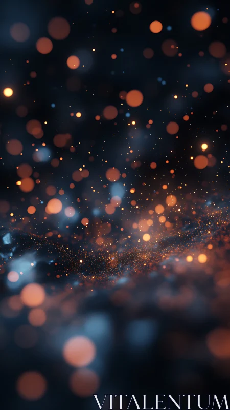 Warm bokeh particles over dark abstract background field.