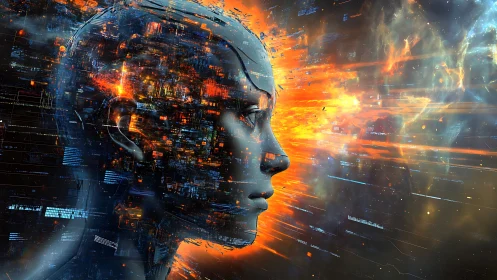 Neon Singularity Mind Igniting in a Cosmic Data Storm.