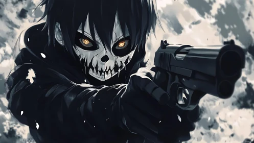 Masked anime gunman stares down the viewer in stark grayscale.