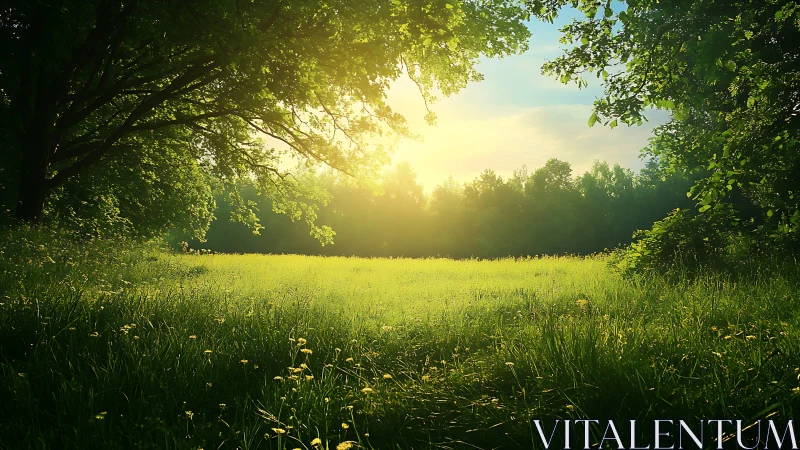Sunlit woodland meadow with low-angle golden backlighting.