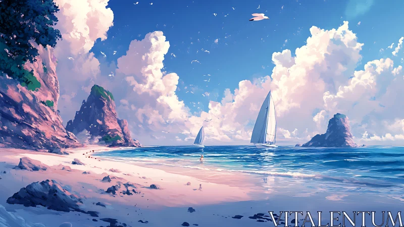 Cloud-kissed sailing daydream along a luminous pastel shore.