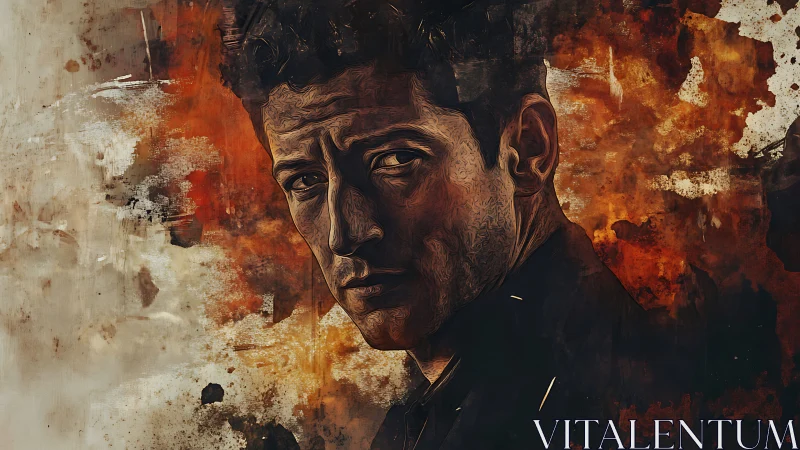 Brooding male portrait within textured abstract umber field.