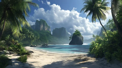 Tropical Limestone Formations: Pristine Archipelago Cove Framed by Indigenous Palms.