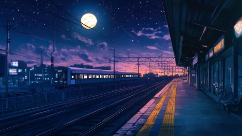 Quiet moonlit train platform wrapped in dreamy twilight calm.