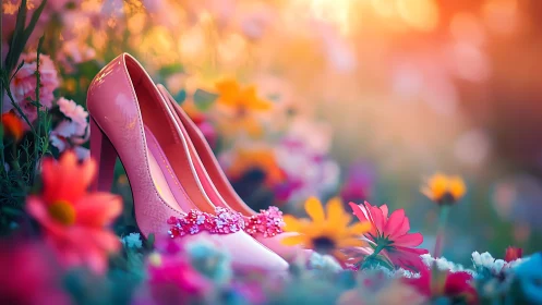 Blush heels bask in wildflower glow at dreamy sundown.