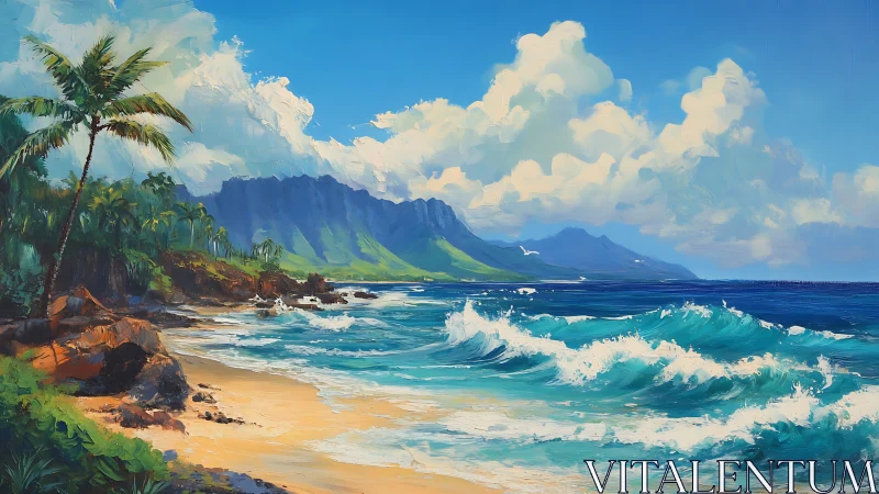 Tropical coastal landscape with mountain formation and surf waves.