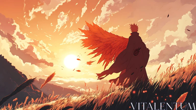 Silhouetted figure with orange wings faces sunset over hills