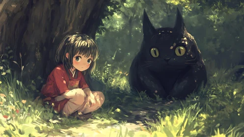 Forest shadows trade secrets between child and giant cat