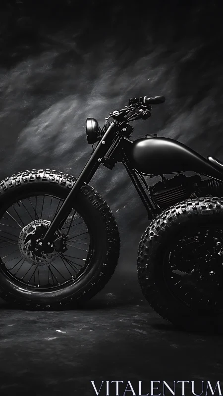 Matte black custom motorcycle rendered in dramatic low-key lighting