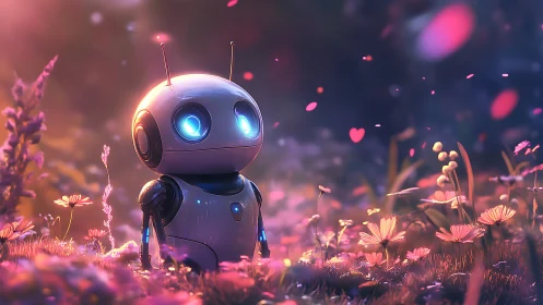Cute robot explores glowing neon meadow at sunset.