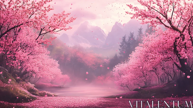 Gentle spring valley wrapped in drifting cherry blossoms.