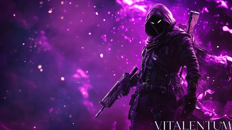 Mystic hooded warrior strides through vivid violet battle haze