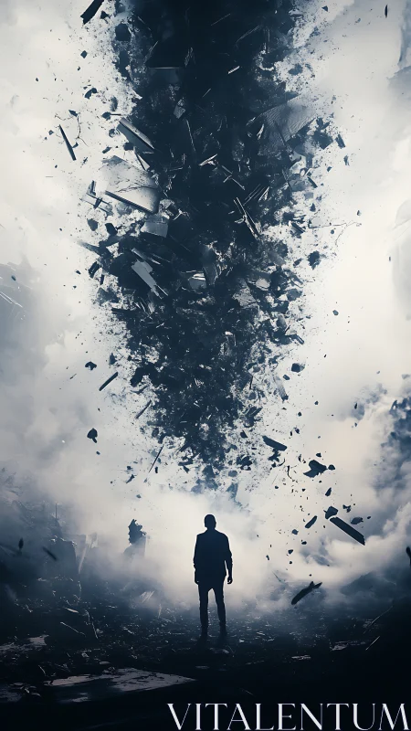 Solitary figure confronts swirling column of apocalyptic debris
