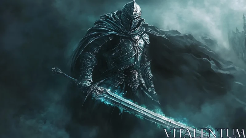 Armored dark knight stands with glowing sword in mist