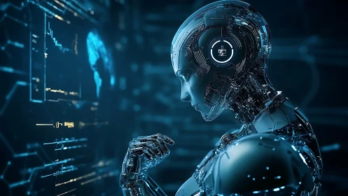 Circuit-boned thinker leans into blue-lit data horizons