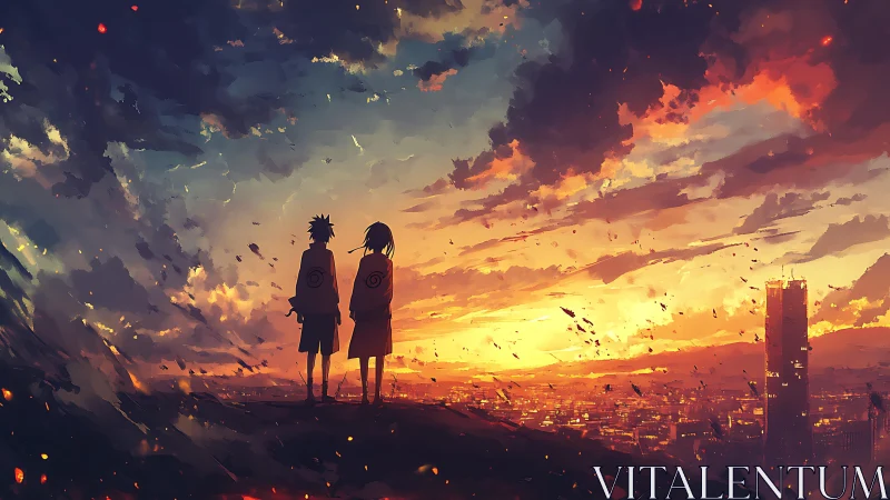 Silhouetted youths observe a blazing anime city sunset sky