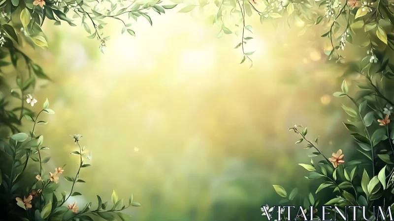 Sunlit Floral Border with Soft Foliage in Dreamy Watercolor Style.