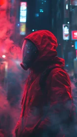 Hooded wanderer in neon misted city night streets.