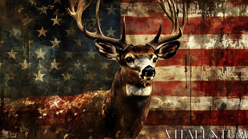Deer with large antlers against distressed US flag backdrop.