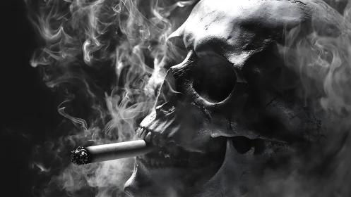 Smoking skull exhales swirling smoke in stark monochrome.