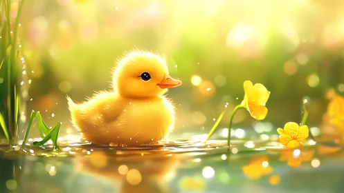 Yellow duckling in shallow water with bright floral glow.