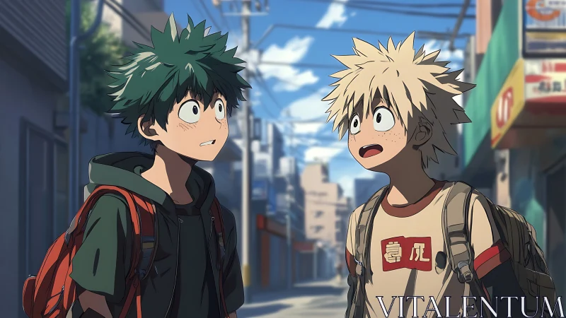 Anime street dialogue with expressive teen protagonists, daylight setup.