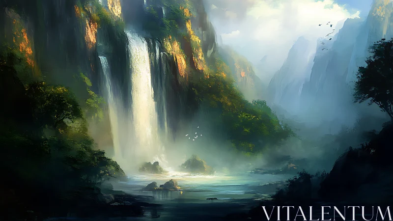 Mystical Canyon Waterfall with Luminous Mist and Towering Cliffs.