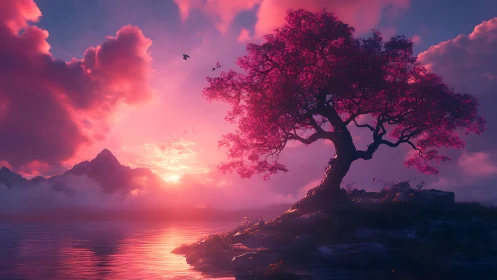 Pink tree on rocky shore at vivid sunset over lake.