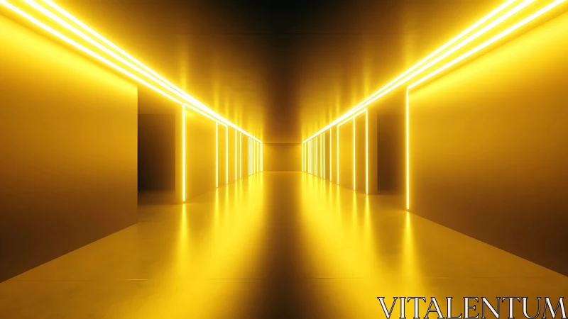 Golden neon corridor stretches into a glowing vanishing point