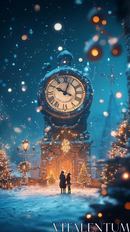 Snowy town clock tower with illuminated winter decorations.
