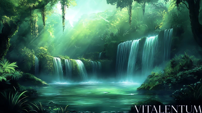 Enchanting Jungle Oasis with Cascading Waterfalls.