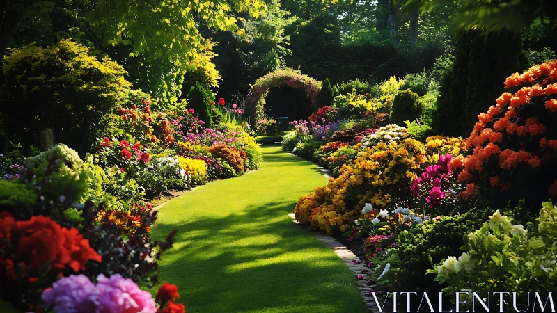 Lush curving garden path framed by dense blooming borders.