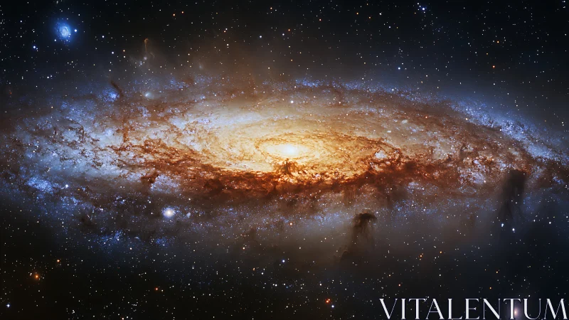 Spiral galaxy core glows amid dust lanes and star clouds.