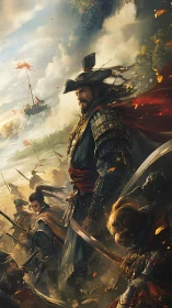 Storm-scarred samurai admiral strides through embers of war.