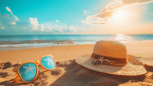 Sunglasses and straw hat quietly trade secrets with the sunset