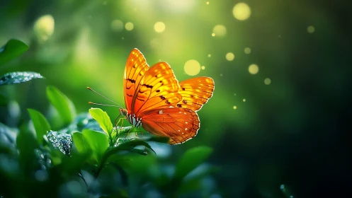 Amber-winged butterfly pausing in dew-lit emerald foliage.