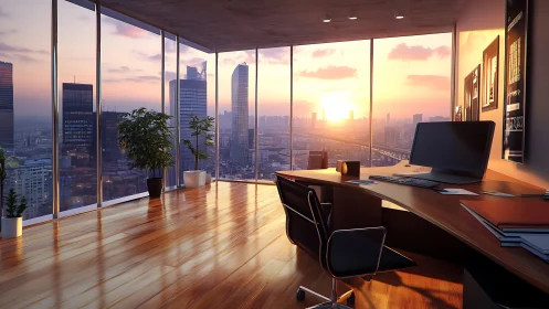 Executive Suite Overlooking Metropolitan Skyline at Sunset