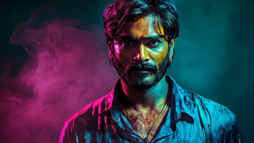 Neon storm gaze in magenta smoke and electric teal light.