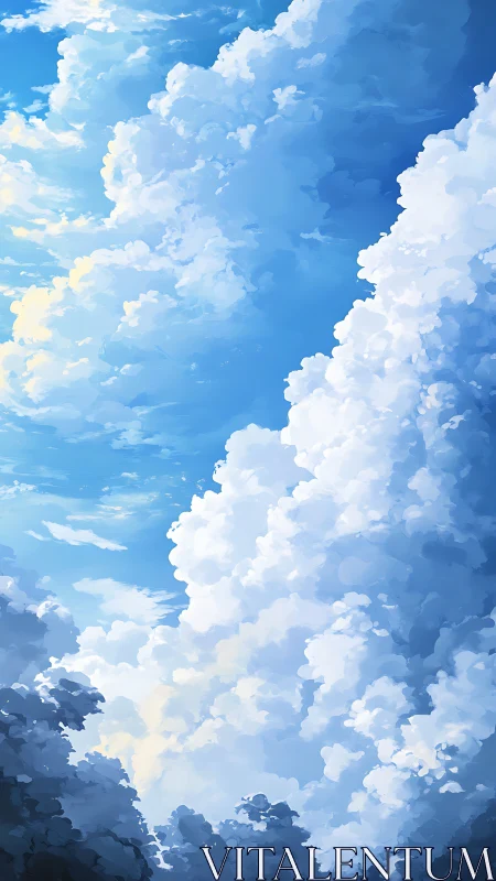 Vertical cumulonimbus cloudscape rendered in soft digital color