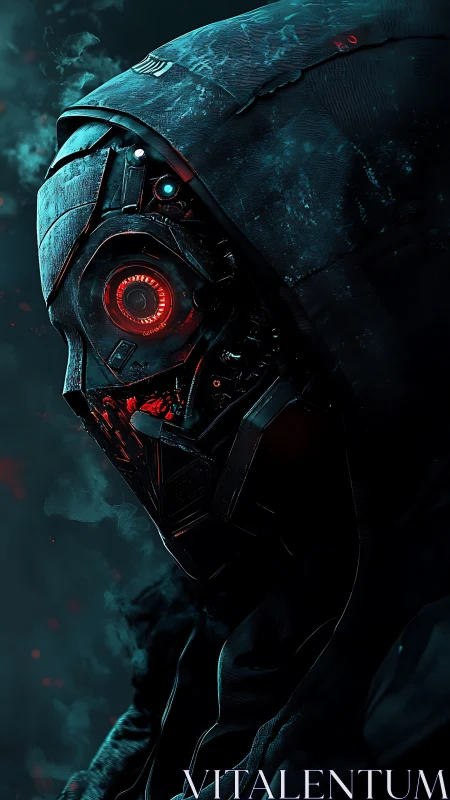 Hooded robotic figure with glowing red mechanical eye.