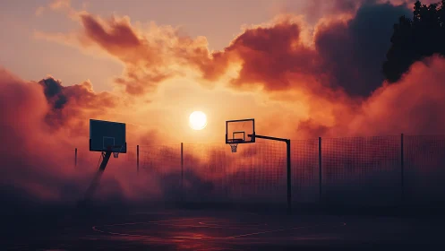 Sunset-lit fog drifts across a quiet urban basketball court.