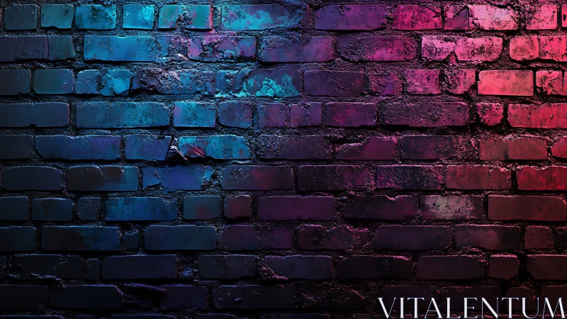 Brick wall surface displays blue and magenta neon lighting