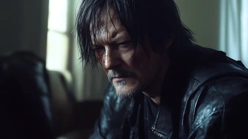 Weathered man in leather jacket reflects in dimly lit room.