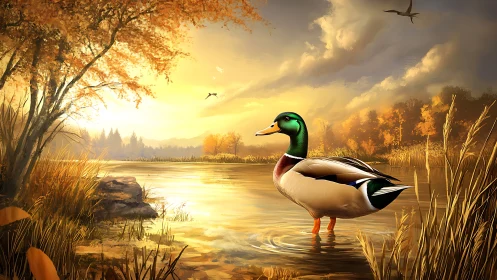 Mallard stands in shallow autumn lake under diffuse sunset