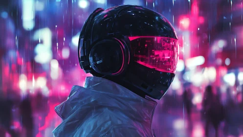 Neon rain drapes a lone cyborg drifter in electric hush.