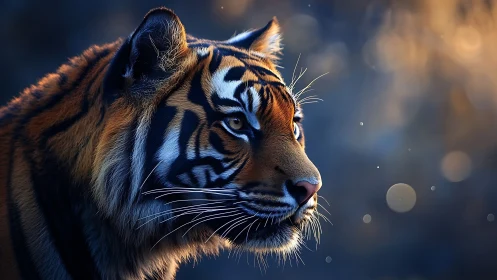 Tiger profile in cool dusk light with detailed fur texture.