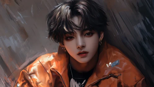 Digital portrait of youth in metallic orange jacket.