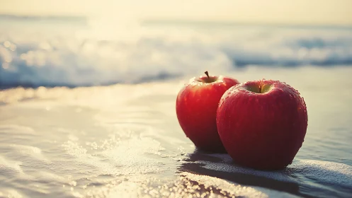 Macro coastal closeup of dewy red apples on wet shoreline