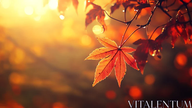Sunlit maple leaf glows against soft golden autumn bokeh