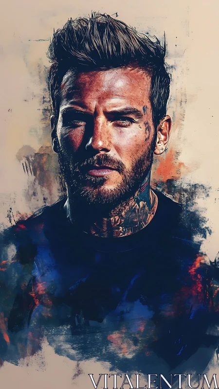 Tattooed man emerges from bold abstract color fields.